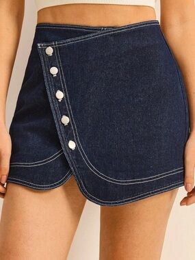 Dark Blue Denim Wrap Mini Skirt with Buttons